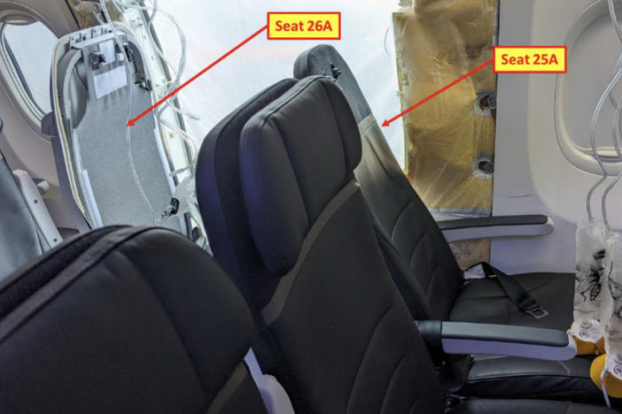 A photo from the National Transportation Safety Board shows seats that were near the door plug expelled from a Boeing 737 Max 9 in flight. Seats 26A and 26B were unoccupied — a fact that helped prevent the incident from being worse, officials said.