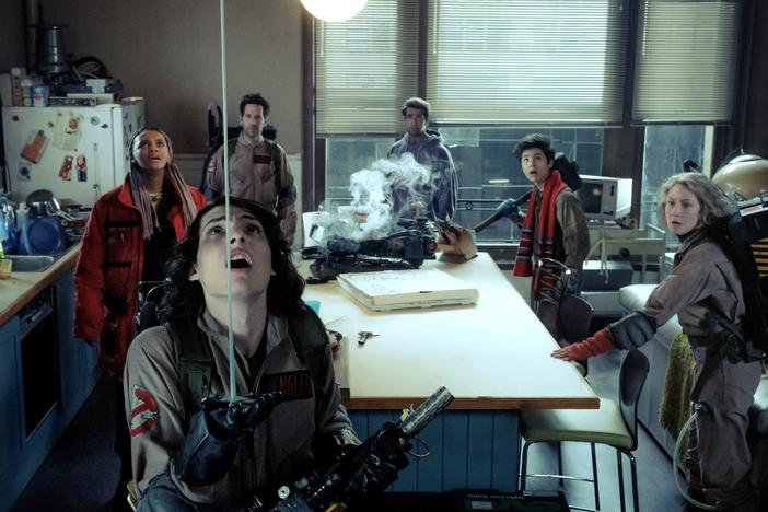 Finn Wolfhard, Celeste O'Connor, Paul Rudd, Kumail Nanjiani, Logan Kim and Carrie Coon in <em>Ghostbusters: Frozen Empire. </em>