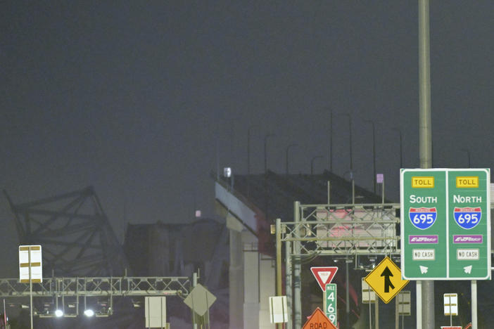 Parts of the Francis Scott Key Bridge remain after a container ship collided with a support Tuesday, March 26, in Baltimore.