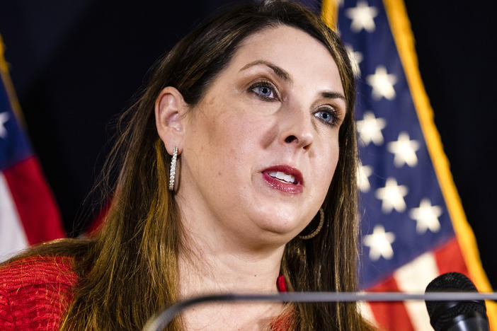 RNC Chairwoman Ronna McDaniel speaks during a press conference at the Republican National Committee headquarters in 2020 in Washington.