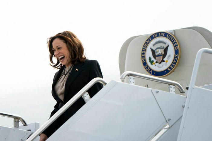 Vice President Kamala Harris disembarks Air Force 2 at the Minneapolis-St. Paul airport in St. Paul, Minn., on March 14, as part of a series of events on protecting reproductive rights.