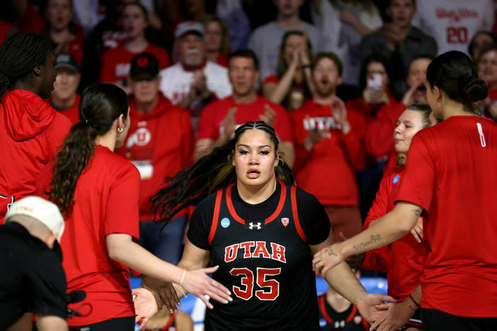 Alissa Pili #35 of the Utah Utes is introduced before the game against the Gonzaga Bulldogs in the second round of the NCAA Women's Basketball Tournament at McCarthey Athletic Center on March 25, 2024, in Spokane, Wash.