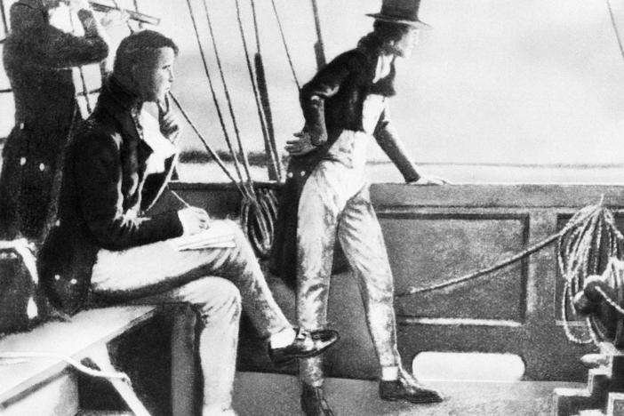 Artwork of Francis Scott key Composing "Star- Spangled Banner" after watching the failed British bombardment of Fort McHenry in the Baltimore Harbor in 1814.