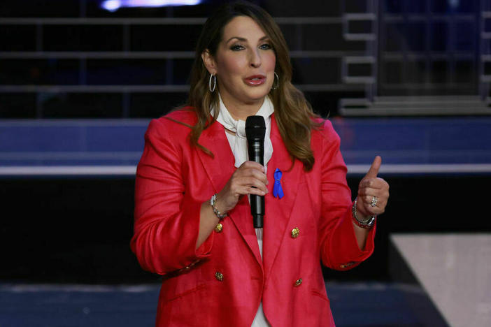 Former RNC Chairwoman Ronna McDaniel, shown at last November's Republican presidential primary debate on NBC. The network hired her and then fired her in the course of a week after a newsroom revolt.