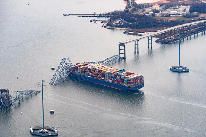 The Dali container vessel after striking the Francis Scott Key Bridge that collapsed into the Patapsco River in Baltimore, on Tuesday. The Port of Baltimore, which has the highest volume of auto imports in the U.S., is now temporarily closed.