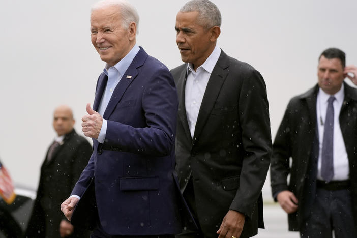 President Joe Biden, left, and former President Barack Obama arrive on Air Force One at John F. Kennedy International Airport, Thursday, March 28, 2024, in New York. (AP Photo/Alex Brandon)