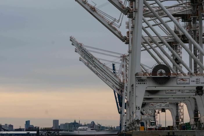Ship-to-shore cranes sit unused after the Francis Scott Key Bridge collapsed, blocking access to the Port of Baltimore.