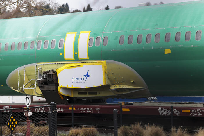 The Spirit AeroSystems logo is pictured on an unpainted 737 fuselage as Boeing's 737 factory teams hold the first day of a "Quality Stand Down" for the 737 program at Boeing's factory in Renton, Washington on Jan. 25.