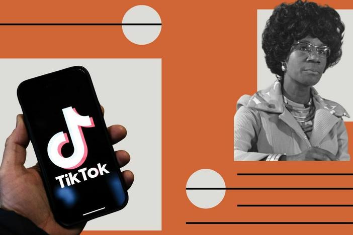 A hand holding a phone displaying the Tik Tok logo; U.S. Congresswoman Shirley Chisholm