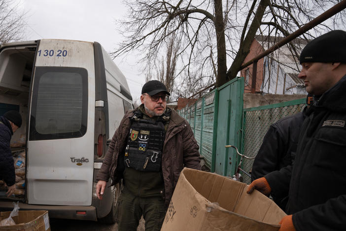 Serhii Chaus, the mayor of the eastern Ukrainian city of Chasiv Yar, arrives at a bread delivery location on the outskirts of town. Chaus goes daily into the embattled town to deliver supplies and meet residents who choose to stay there as Russian forces are approaching the area.
