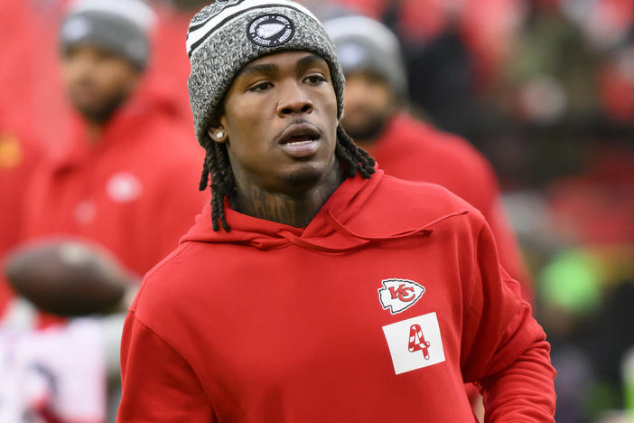 Kansas City Chiefs wide receiver Rashee Rice during warmups before an NFL football game against the Las Vegas Raiders on Dec. 25, 2023, in Kansas City, Mo.