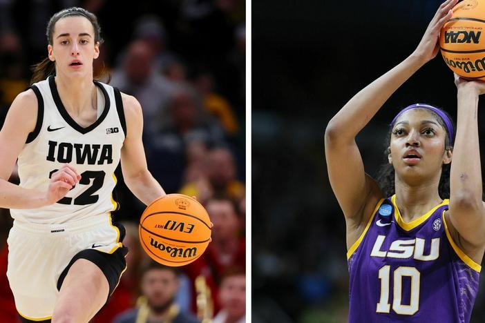 Caitlin Clark (left) of the Iowa Hawkeyes dribbles against the Nebraska Cornhuskers during the Big Ten Women's Basketball Tournament Championship on March 10 in Minneapolis. Angel Reese of the LSU Tigers shoots against the UCLA Bruins during the second half in the Sweet 16 round of the NCAA Women's Basketball Tournament on March 30 in Albany, N.Y.
