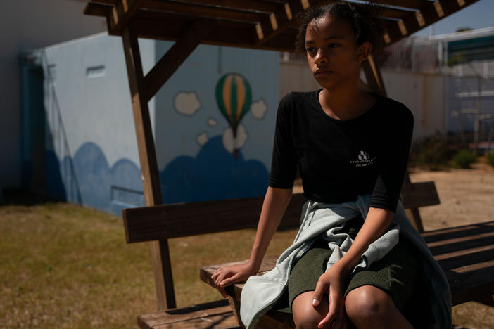 Oriya Dahan, 11 poses for a portrait at Alon Sciences elementary school in Sderot, Israel on March 20, 2024.
