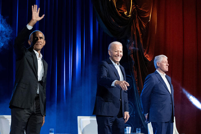 Barack Obama, Joe Biden and Bill Clinton attend a campaign fundraising event in New York on March 28.