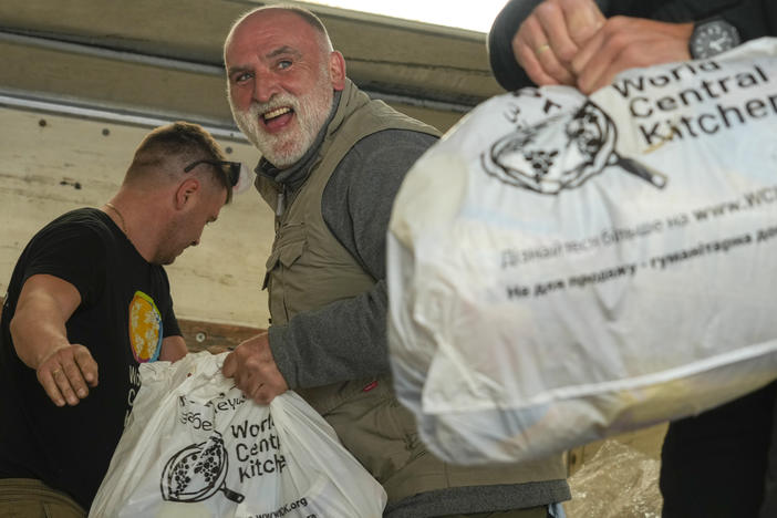 José Andrés unloads food packages delivered by World Central Kitchen in Kherson, Ukraine in November 2022.