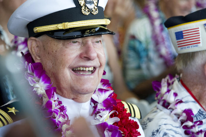 Lou Conter, pictured at the 75th anniversary of the Japanese attack on Pearl Harbor, in 2016, died on Monday. He was the last living survivor of the USS Arizona battleship that exploded and sank during the Japanese bombing of Pearl Harbor.