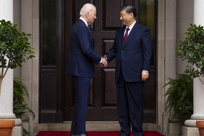 President Joe Biden greets China's leader Xi Jinping at the Filoli Estate in Woodside, Calif., Nov, 15, 2023, on the sidelines of the Asia-Pacific Economic Cooperative conference.