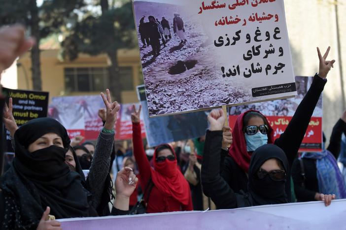 The Taliban has a history of supporting the use of stoning as a punishment for "moral crimes" — reiterated in a statement this year by their supreme leader. Above: In 2015, Afghan Solidarity members gather in Kabul to protest Taliban militants who stoned an Afghan woman to death in the Taliban-controlled area outside Firozkoh, the capital of central Ghor province. She was accused of adultery.