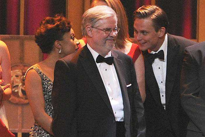 Playwright Christopher Durang appears on stage with producers to accept the award for best play for "Vanya and Sonia and Masha and Spike" at the 67th Annual Tony Awards, on June 9, 2013, in New York. Also on stage are actors, background from left, Shalita Grant, Kristine Nielsen and Billy Magnussen.