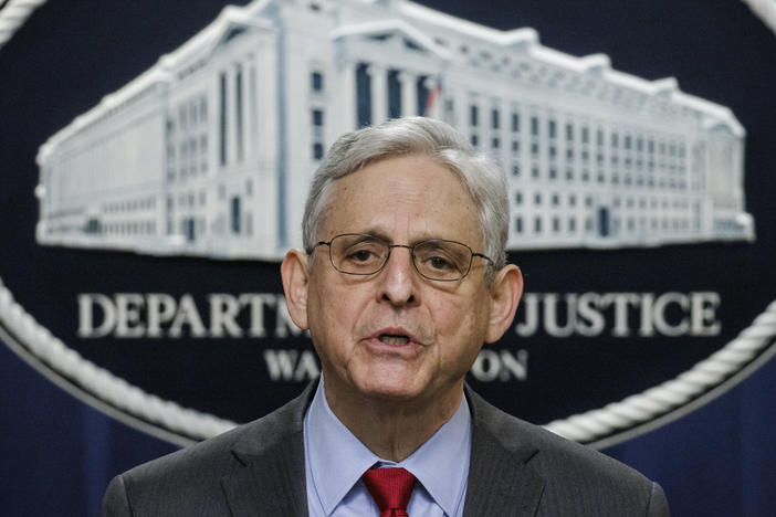 U.S. Attorney General Merrick Garland speaks at a press conference on Dec. 6, 2023, about DOJ's indictment of four Russian military personnel for war crimes committed against a U.S. national living in Ukraine, the first of such charges ever to be brought under the U.S. war crimes statute.
