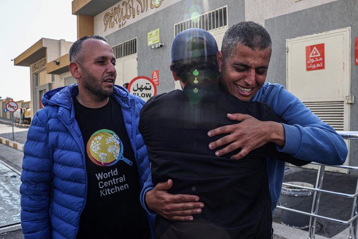 Relatives and friends mourn the death of Saifeddin Issam Ayad Abutaha, a member of the U.S.-based aid group World Central Kitchen who was killed as Israeli strikes hit its convoy delivering food in Gaza, during his funeral in Rafah, in the southern Gaza Strip, on Tuesday.