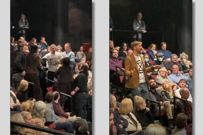 Activists from Extinction Rebellion, left and center, protest during a performance of <em>An Enemy of the People </em>on Broadway, starring Jeremy Strong, right.