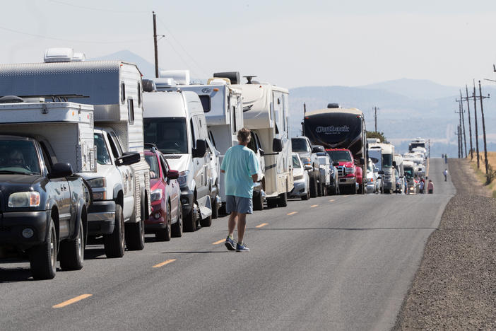 RV traffic sits at a standstill along a two-lane road near Madras, Ore., a few days before the 2017 total solar eclipse. Experts say traffic could be heavy, but eclipse watchers shouldn't necessarily be deterred.
