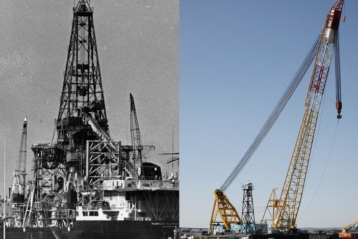 Left: The Glomar Explorer in 1975. Right: The Chesapeake 1000 crane in 2024.