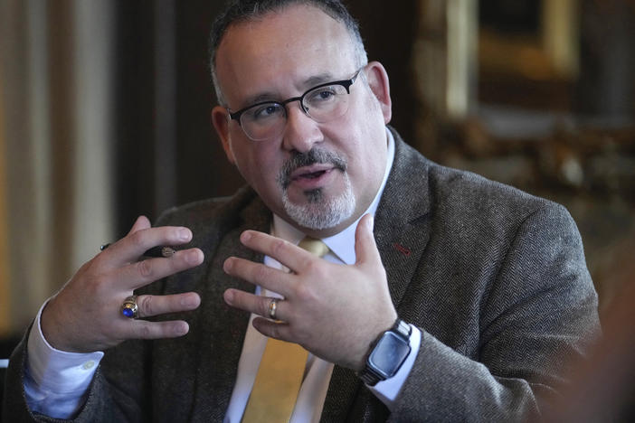 U.S. Education Secretary Miguel Cardona participates in an event at Dartmouth College in January.