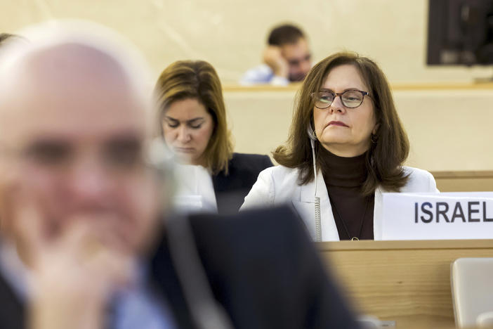 Meirav Eilon Shahr, ambassador of the Permanent Representative Mission of the Israel to the UN, observes the vote on a resolution regarding the Israeli military campaign in Gaza, during the 55th session of the Human Rights Council, at the European headquarters of the United Nations in Geneva, Switzerland on Friday.