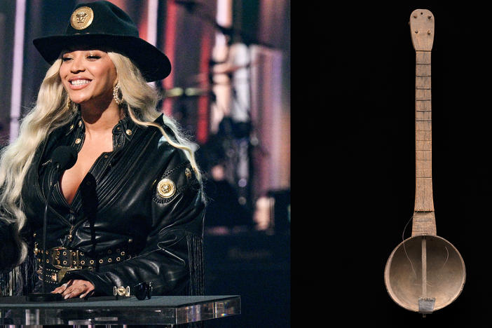 Beyoncé accepts the Innovator Award at the 2024 iHeartRadio Music Awards on April 1. Her new album is "Carter Country" and it features a banjo on the hit song "Texas Hold 'Em." At right: a gourd banjo was an early American incarnation of an instrument that originated in Africa and was played by African Americans.