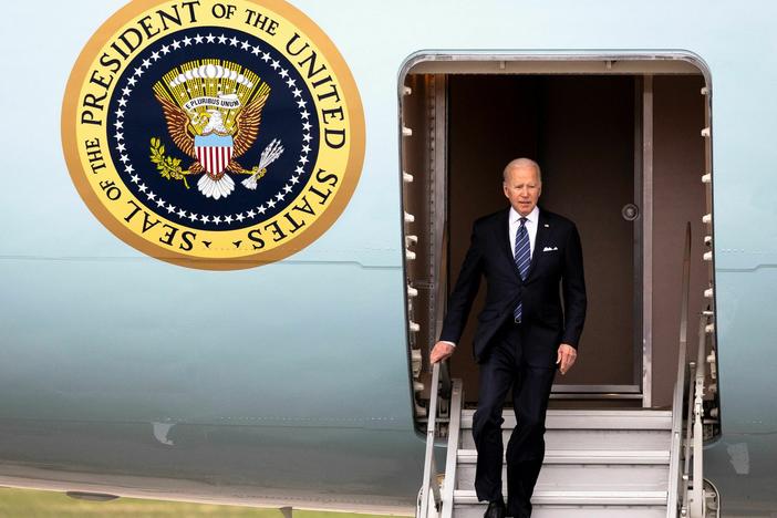 US President Joe Biden disembarks from Air Force One at Minneapolis-Sait Paul International Airport in Minneapolis, Minnesota, on May 1, 2022.