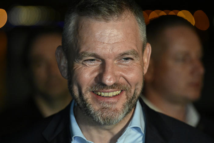 Presidential candidate Peter Pellegrini smiles at his headquarters after a presidential runoff in Bratislava, Slovakia, Saturday, April 6, 2024. Pellegrini is a close ally of populist Prime Minister Robert Fico known for his pro-Russian policies.