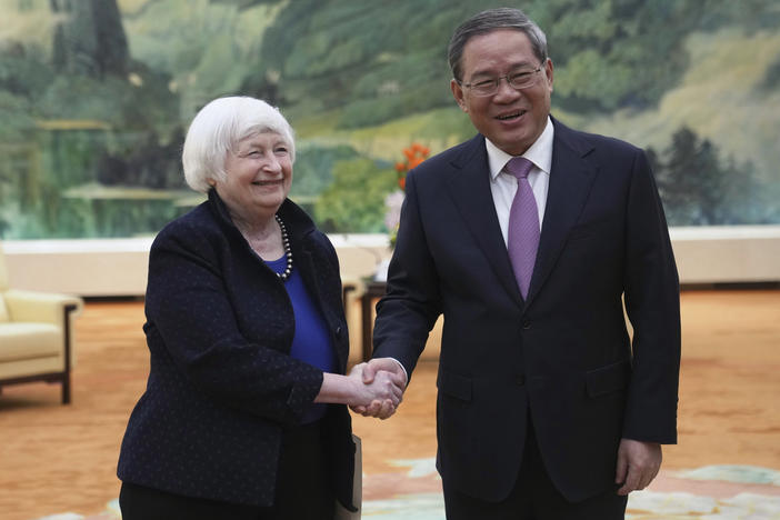 U.S. Treasury Secretary Janet Yellen, left, meets Chinese Premier Li Qiang at the Great Hall of the People in Beijing, China, Sunday, April 7, 2024. Yellen, who arrived in Beijing after starting her five-day visit in one of China's major industrial and export hubs, said the talks would create a structure to exchange views and try to address U.S. concerns about manufacturing overcapacity in China.