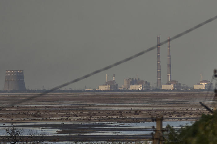 The Zaporizhzhia nuclear power plant, Europe's largest, is seen in the background of the shallow Kakhovka Reservoir after the dam collapse, in Energodar, Russian-occupied Ukraine, on June 27, 2023.