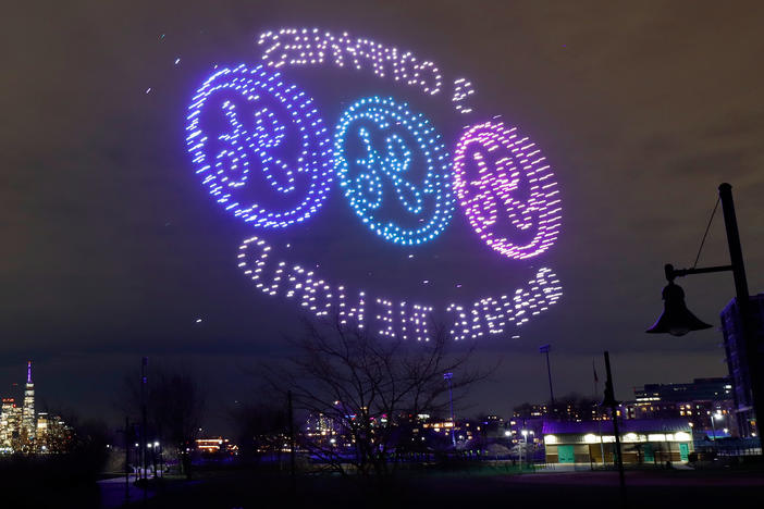 A drone show in advance of General Electric splitting into three companies: GE Aerospace, GE Vernova, and GE Healthcare