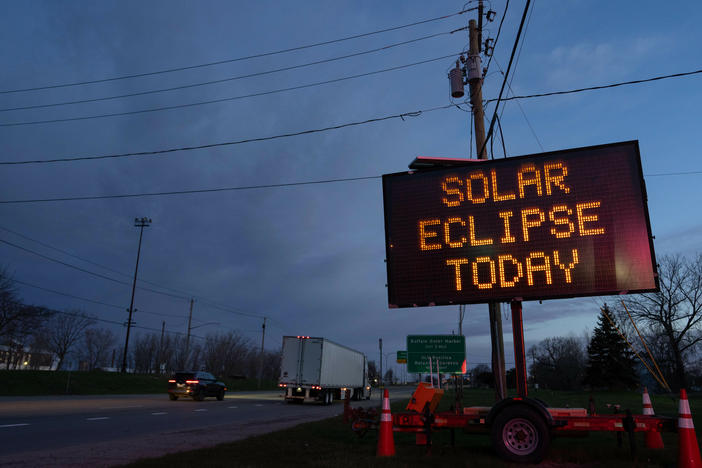 A road sign in Lackawanna, N.Y., advertises the upcoming eclipse on Monday.