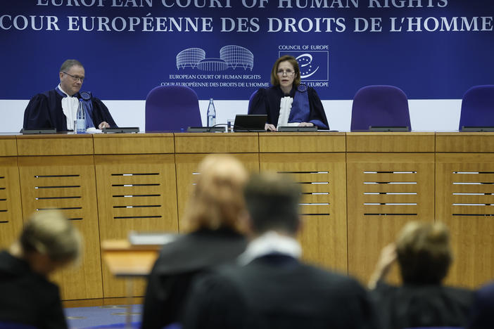President of the European Court of Human Rights Síofra O'Leary, center, speaks Tuesday, April 9, 2024 in Strasbourg, eastern France.