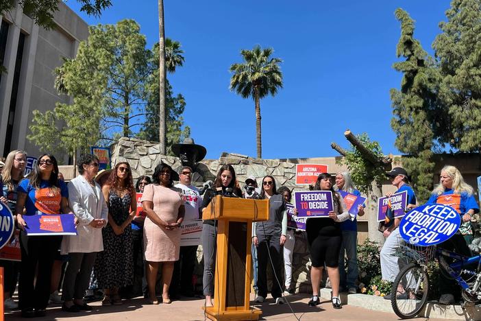 After the Arizona Supreme Court allowed for near-total abortion ban, a group of abortion-rights protesters gathered outside the Arizona state Capitol in Phoenix on April 9, 2024.