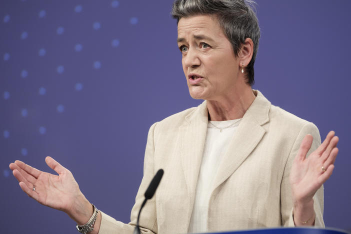 EU Commission Margrethe Vestager speaking to the media in Brussels in March 2024. On Tuesday April 9th she announced an investigation into Chinese wind turbine subsidies.