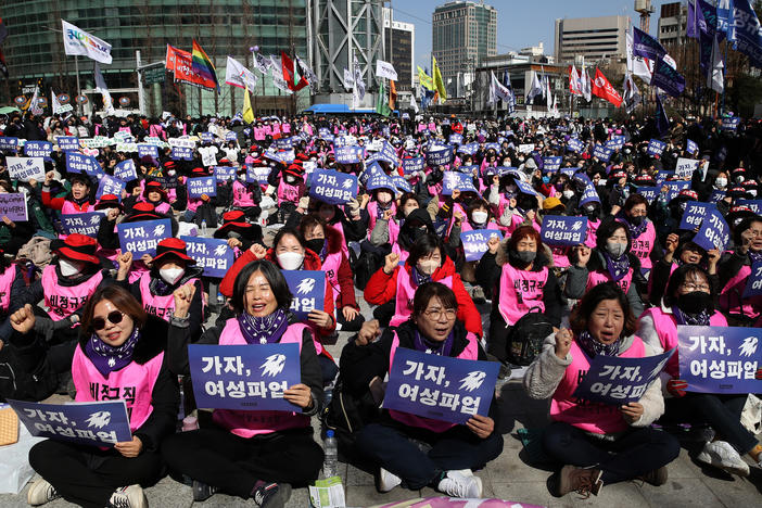 Women are shown at a rally to celebrate International Women's Day on March 8, 2024 in Seoul, South Korea. Participants of the rally advocated for a society free from institutional discrimination, one where women can enjoy equal rights with men.