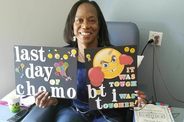 Denise Lee on her last day of chemo. In addition to chemo and surgery, she was treated with immunotherapy. She's currently in remission.