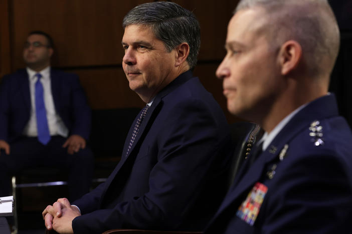 Michael Casey (L) is shown here with U.S. Air Force Lieutenant General Timothy Haugh, at a confirmation hearing before the Senate Select Committee on Intelligence on July 12, 2023. Casey is now the director of the National Counterintelligence and Security Center.