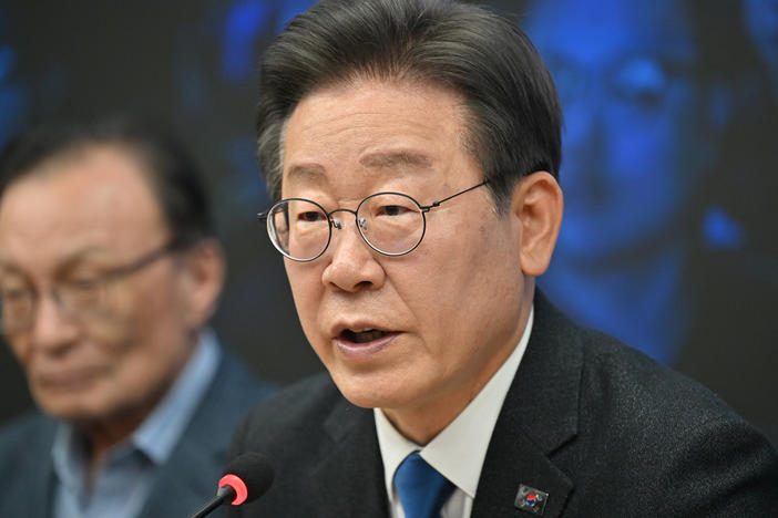 South Korea's main opposition Democratic Party leader Lee Jae-myung speaks during a ceremony to disband the election camp after the parliamentary election at the party's headquarters in Seoul on Thursday.