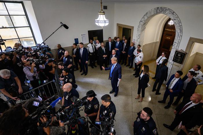 Former President Donald Trump appears in a New York court on Oct. 2, 2023, to face civil fraud charges, denouncing the case as a "sham" intended to torpedo his campaign to retake the White House.