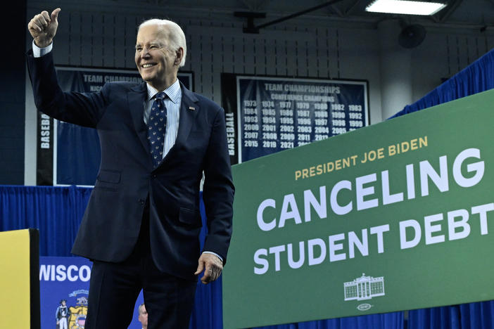 President Biden gestures after speaking about student loan debt relief at Madison Area Technical College in Madison, Wisc., on Monday.