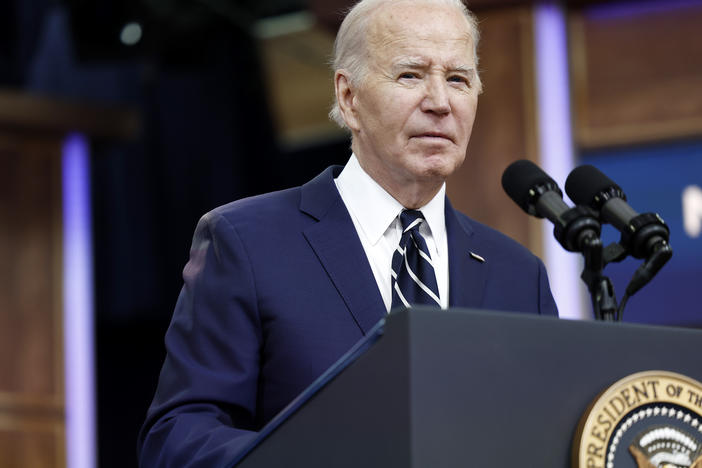 President Biden briefly spoke to reporters about Iran in the South Court auditorium in the Eisenhower Executive Office Building on Friday.