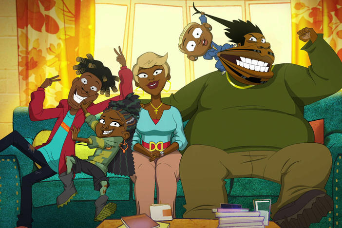 The Evans family in Netflix's <em>Good Times:</em> Jay Pharoah as Junior, Marsai Martin as Grey, Yvette Nicole Brown as Beverly, Gerald Anthony "Slink" Johnson as Dalvin and J.B. Smoove as Reggie.