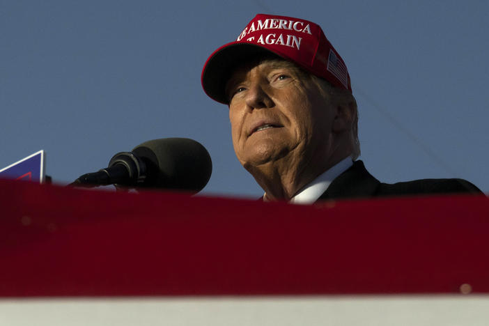 Former U.S. President Donald Trump speaks during a campaign event in Schnecksville, Pa., Saturday, April 13, 2024.