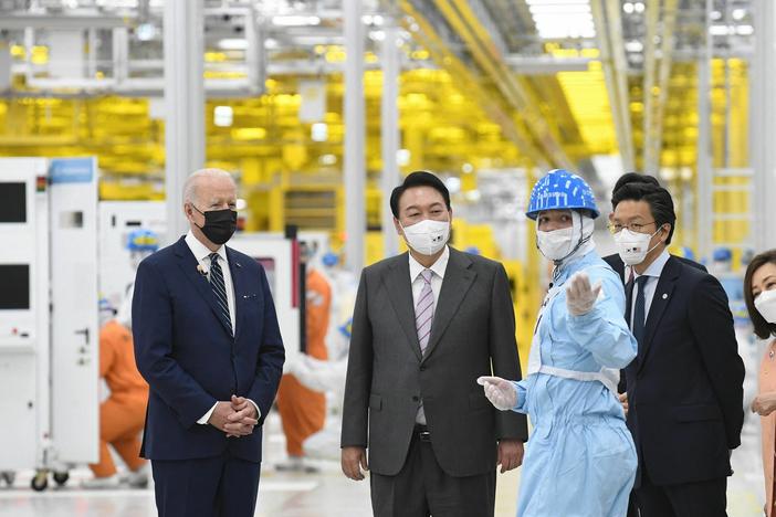 President Biden tours a Samsung plant in Pyeongtaek, South Korea with South Korean President Yoon Suk-youl on May 20, 2022. The company is building a massive new campus in Texas.